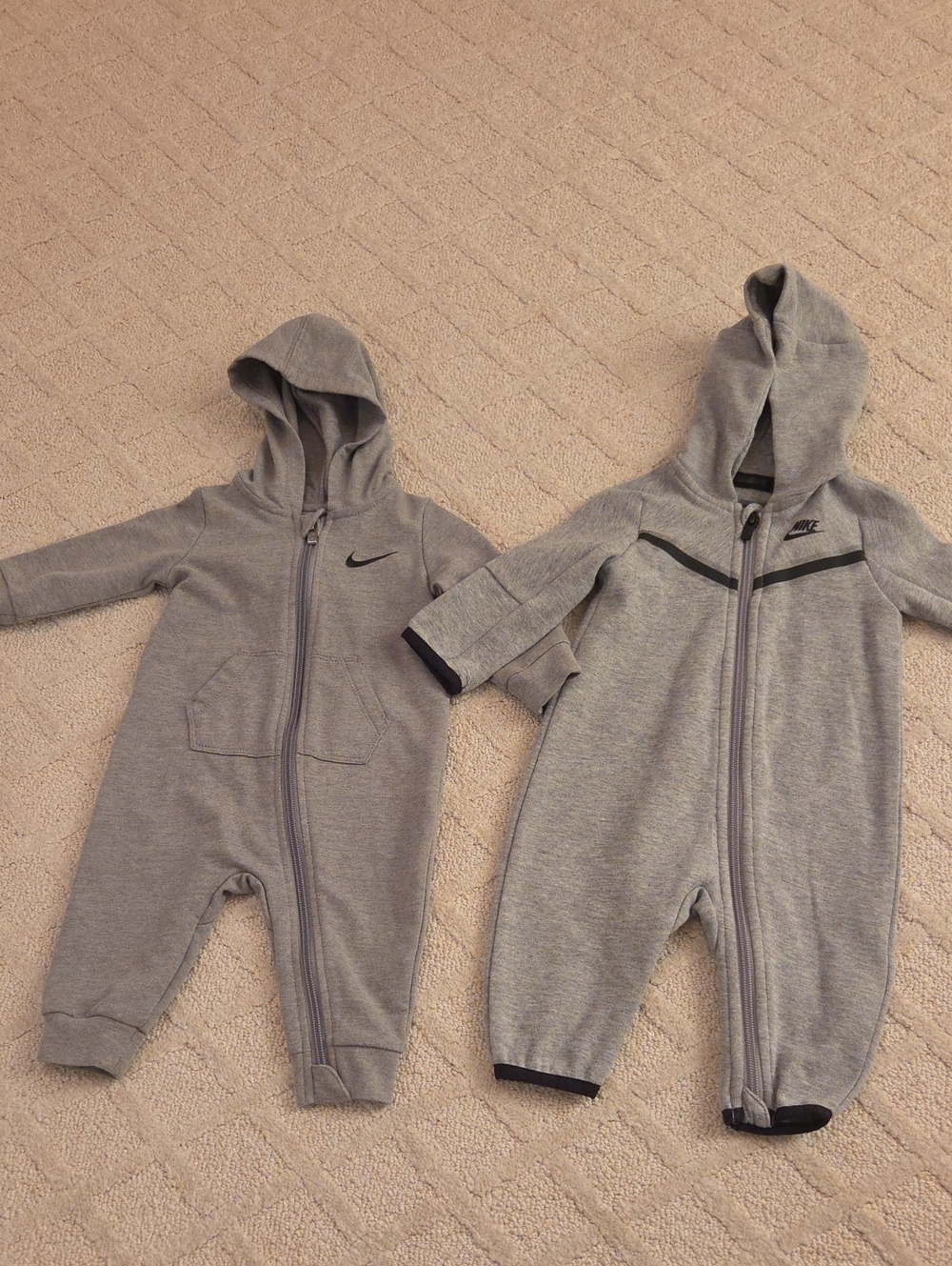 2x Nike Gray Hooded Baby Footie Coveralls — Twin Set